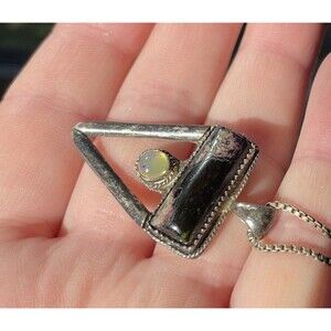VTG Sterling Silver Opal Art Pendant Choker Chain‎ Necklace Triangle Handemade